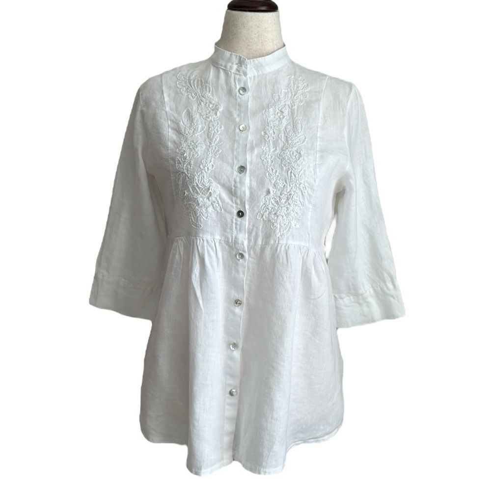 Modissima Womens 100% Linen Embroidered 3/4 sleeve Button Down Tunic Blouse Sz.M
